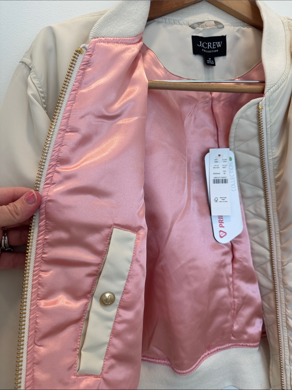 J. Crew Cream Bomber Jacket with Gold Hardware in Lightweight Shiny Nylon